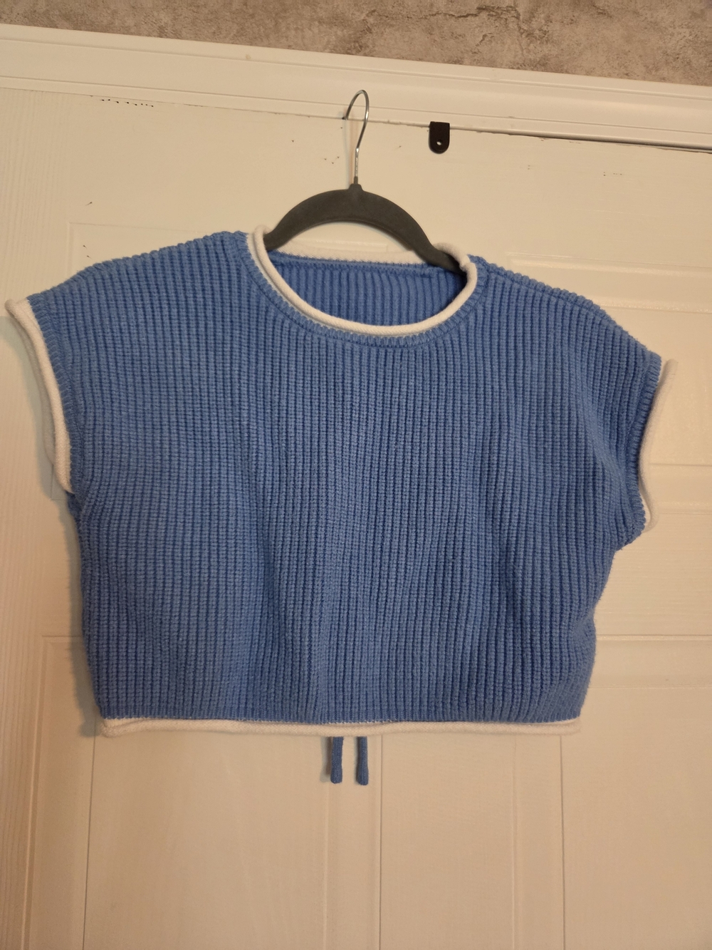Blue Knit Cropped Top with White Trim